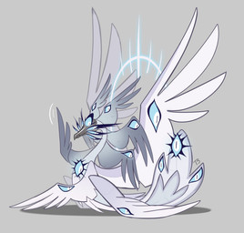 beak blue_eyes feathered_wings feathers female feral glowing glowing_eyes grey_background halo multi_eye multi_wing on_model simple_background solo wings pcraxkers hazbin_hotel hellaverse sera_(hazbin_hotel) angel avian seraph_(angel) 2025 digital_media_(artwork) hi_res