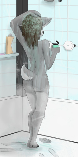 anthro bathing brown_hair bubble butt female fur grey_body grey_fur hair nude shampoo shower showering smile soap soap_bar solo standing water wet white_body white_fur notmypornaccount sage_(notmypornaccount) deer mammal absurd_res digital_media_(artwork) hi_res