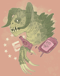 ambiguous_gender beverage_bottle bottle bottle_cap clawed_hands container enclave_(fallout) feral green_body green_scales horn iv_bag medicine nuka-cola scales sharp_teeth side_view simple_background soda_bottle solo teeth text han_(artist) fallout microsoft deathclaw scalie bust_portrait english_description english_text hi_res portrait