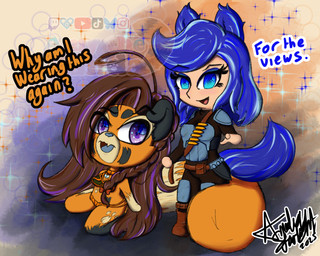 ahoge anthro belt bikini bikini_bottom bikini_top blue_ears blue_eyes blue_eyeshadow blue_hair blue_tail braided_hair brown_hair bullet chest_markings clothing collar duo england eyebrows eyeshadow facial_markings female female/female footprint fur gesture gloves_(marking) grey_tongue hair hand_gesture head_markings heart_(marking) heart_nose heart_symbol highlights_(coloring) kneeling leash leg_markings looking_at_another looking_at_viewer looking_back looking_back_at_another makeup mandalorian_armor markings orange_body orange_fur pawprint pawprint_(marking) pink_highlights pointing pointing_at_viewer purple_highlights raised_eyebrow skin_fang socks_(marking) swimwear tail tail_around_leg text tongue two-piece_swimsuit white_highlights amytheranda star_wars king_starlight_(amytheranda) wolfy_(the2wolves) ailurid animal_humanoid canid canine canis humanoid mammal red_panda wolf 5:4 english_text hi_res signature watermark