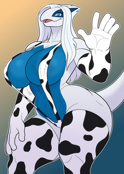 animal_print animal_print_bikini anthro big_breasts bikini blue_eyes blue_underbelly breasts clothing cow_print cow_print_bikini female gesture hair huge_hips huge_thighs looking_at_viewer one-piece_swimsuit pattern_bikini pattern_clothing pattern_swimwear sling_bikini small_waist solo swimwear thick_thighs two-piece_swimsuit waving waving_at_viewer white_body white_hair wide_hips dfaop nintendo pokemon generation_2_pokemon legendary_pokemon lugia pokemon_(species)