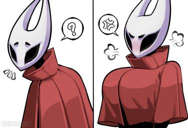 anthro big_breasts black_eyes blush breasts cloak clothed clothed_anthro clothed_female clothing emanata female horn non-mammal_breasts red_cloak red_clothing solo ckatnha hollow_knight_(franchise) team_cherry hornet_(hollow_knight) arthropod