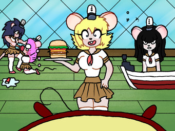anthro big_breasts black_hair blonde_hair bottomwear breasts brown_bottomwear brown_clothing brown_skirt buckteeth burger clothing female female_anthro food footwear frown group hair hat headgear headwear legwear looking_at_viewer open_mouth plunger plunger_on_face skirt socks spilled_drink tail teeth thigh_highs thigh_socks thin_tail tools topwear white_clothing white_footwear white_hat white_headwear white_legwear white_socks white_thigh_highs white_thigh_socks white_topwear makrap nickelodeon spongebob_squarepants cristal_(makrap) mammal mouse murid murine rodent 2025 4:3 digital_media_(artwork)