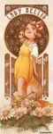 anthro art_nouveau breasts brown_hair clothed clothed_anthro clothed_female clothing daisy_(flower) dress exposure_variation female female_anthro floofy_tail flower flower_crown green_eyes hair hands_behind_back looking_at_viewer mucha plant poster poster_template solo style_emulation text wavy_hair yellow_clothing yellow_dress notxtwhiledrive lackadaisy mitzi_may domestic_cat felid feline felis mammal absurd_res digital_media_(artwork) english_text hi_res