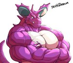 abs anthro biceps black_eyes bodily_fluids claws crossed_arms horn male muscular muscular_anthro muscular_male overly_muscular pecs pink_body smile smirk smug solo teeth yongdasom nintendo pokemon generation_1_pokemon nidoking pokemon_(species)