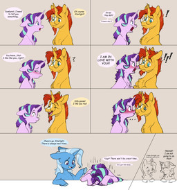 blue_body blue_fur blue_hair blush dialogue duo exclamation_point eyewear facial_hair female feral fur glasses hair hooves horn male male/female nose_to_nose orange_hair pink_body pink_fur purple_hair round_glasses text yellow_body yellow_fur doodlemark friendship_is_magic hasbro my_little_pony mythology starlight_glimmer_(mlp) sunburst_(mlp) trixie_(mlp) equid equine mammal mythological_creature mythological_equine unicorn absurd_res comic english_text hi_res