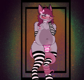 ahoge anthro bangs big_tail black_ears blush blushing_profusely bodily_fluids bow_(feature) bow_ribbon bulge burgundy_hair cheek_tuft chest_tuft choker clothing collar colorful_background digitigrade embarrased_horny embarrassed embarrassed_expression embarrassing_nudity eyebrows eyelashes facial_tuft footwear genital_fluids hair hand_on_mouth jewelry legwear long_hair long_tail male musk navel necklace nipples overweight panties pattern_clothing pink_body pink_bow pink_clothing pink_ears pink_fingers pink_nose pink_tail pointy_ears precum precum_through_clothing precum_through_underwear prehensile_tail red_eyes slightly_chubby socks solo steam steamy_breath striped_clothing stripes sweat sweaty_face tail tail_around_leg tail_between_legs tail_coil tears teary_eyes thick_tail thick_thighs thigh_highs thigh_socks tuft underwear wet wet_clothing wide_hips drhalloway vemmy american_opossum ghost mammal marsupial spirit virginia_opossum
