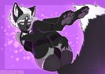 anthro black_body bottomwear bra clothing female grey_body latex lying multicolored_body presenting shorts smile solo underwear conditional_dnp taurika canid canine fox mammal