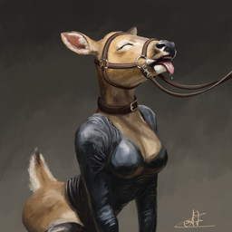 anthro bdsm bit_gag bodily_fluids bondage bondage_gear bound breasts bridle brown_body cleavage clothed clothing collar drooling eyes_closed female fur gag harness leash legwear open_mouth petplay ponyplay reins roleplay saliva scut_tail short_tail simple_background solo submissive submissive_female tail thigh_highs tight_clothing tongue tongue_out autumnflame deer mammal 1:1 digital_media_(artwork) digital_painting_(artwork) hi_res painting_(artwork) signature