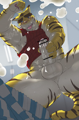 after_masturbation after_orgasm anthro balls big_muscles big_penis blue_eyes bodily_fluids boxers_(clothing) ceiling_lamp clothing cum cum_on_balls cum_on_face cum_on_penis erection genital_fluids genitals lamp locker locker_room male masturbation muscular musk nipples orgasm orgasm_face penis penis_grab red_clothing red_shirt red_tank_top red_topwear shirt solo sweat tank_top topwear underwear rotton morenatsu torahiko_ooshima felid mammal pantherine tiger 2021 absurd_res hi_res