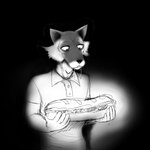 1:1 anthro beastars black_background bodily_fluids canid canine canis clothing comic drooling food hi_res hladilnik holding_food holding_object legoshi_(beastars) light looking_down male mammal monochrome polo_shirt saliva sandwich_(food) shirt simple_background solo topwear wolf