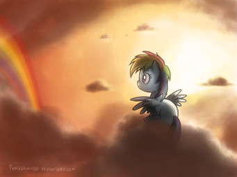 blue_body blue_feathers blue_fur cloud detailed_background feathered_wings feathers female feral fur hair multicolored_hair outside purple_eyes rainbow rainbow_arch rainbow_hair sky skyscape solo sun tail wings fongsaunder friendship_is_magic hasbro my_little_pony mythology rainbow_dash_(mlp) equid equine mammal mythological_creature mythological_equine pegasus 2011 4:3