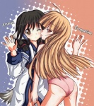 asian_clothing black_hair blonde_hair brown_eyes clothing duo east_asian_clothing female female/female hair japanese_clothing licking long_hair looking_at_viewer one_eye_closed panties pigtails red_eyes short_hair standing tongue tongue_out underwear kouken utawarerumono aruru evangeline animal_humanoid canid canid_humanoid canine canine_humanoid canis dog_humanoid domestic_dog humanoid mammal mammal_humanoid