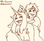 anthro armpit_hair body_hair braces braided_hair duo ears_down femboy freckled_shoulders freckles hair half-closed_eyes horn long_hair male male/male narrowed_eyes open_mouth open_smile pivoted_ears simple_background smile unicorn_horn white_background stowaway mythology butterscotch_(wonderslug) rothfale animal_humanoid equid equid_humanoid equine equine_humanoid horse_humanoid humanoid mammal mammal_humanoid mythological_creature mythological_equine unicorn black_and_white monochrome