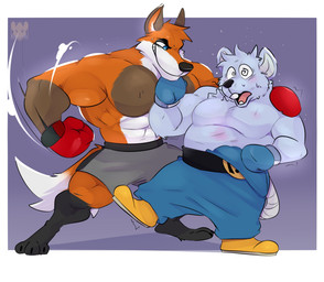anthro black_nose bottomwear boxing boxing_gloves clothing duo fight handwear male musclegut muscular muscular_male shorts sport rattykai dragon_quest dragon_quest:_the_adventure_of_dai square_enix chiu canid canine fox mammal mouse murid murine rodent 2022 hi_res