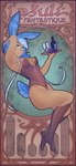 art_nouveau beverage blue_body blue_fur blue_hair breasts clothing eyewear female fur glasses hair hand_behind_head holding_beverage holding_object legwear leotard looking_at_viewer rectangular_glasses smile solo stockings text littlenapoleon lazuli_delarosa animal_humanoid humanoid lagomorph lagomorph_humanoid leporid_humanoid mammal mammal_humanoid rabbit_humanoid 2018 english_text hi_res