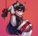 anthro arms_tied big_breasts black_hair bound breasts brown_eyes chest_tuft female fur gloves_(marking) hair markings simple_background solo tuft white_body white_fur furlana surry_(surrykitten) felid feline felis mammal 2023 absurd_res hi_res