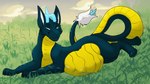 belly big_belly blinking blue_eyes blue_horn dark_body dark_skin feral footprint grin highlights_(coloring) horn long_ears male pawprint same_size_vore smile solo tail vore white_tail yellow_belly hexentatze zorgoia animated hi_res