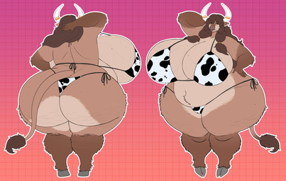 2_horns animal_print animal_print_bikini anthro areola belly belly_tuft big_belly big_breasts big_butt bikini breasts brown_body brown_fur brown_hair butt cellulite clothing cloven_hooves cow_print cow_print_bikini eyebrow_through_hair eyebrows eyelashes female female_anthro freckled_chest freckled_shoulders freckles front_view fur glistening_eyelids green_eyes hair hand_behind_head hooves horn huge_breasts huge_butt huge_hips huge_thighs long_eyelashes mature_anthro mature_female nipples overweight overweight_female pattern_bikini pattern_clothing pattern_swimwear pink_areola pink_nipples rear_view small_head solo swimwear tail tan_body tan_fur thick_thighs tiny_head translucent translucent_hair tuft two-piece_swimsuit unguligrade vein veiny_breasts wide_hips vintagart holly_(noeticred) bovid bovine cattle highland_cattle mammal hi_res model_sheet
