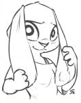 anthro blush clothed clothing female hands_on_ears hands_on_own_ears holding_both_ears long_ears looking_at_viewer shirt shy simple_background smile solo topwear alec8ter conditional_dnp disney zootopia judy_hopps lagomorph leporid mammal rabbit 2016 black_and_white monochrome signature