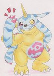 ambiguous_gender animal_skin anthro belly blush claws fur grin horn simple_background slightly_chubby smile solo striped_body striped_fur stripes white_background yellow_body tabasukotrr bandai_namco digimon digimon_(species) gabumon absurd_res hi_res traditional_media_(artwork)