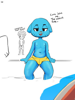 anthro bedroom_eyes biped blue_body blue_fur bulge clothed clothing dialogue duo ellipsis fingers fur half-closed_eyes hand_on_crotch humanoid_hands looking_at_viewer male narrowed_eyes navel nipples open_mouth partially_submerged seductive simple_background sitting surprised swimming_pool swimming_trunks swimwear talking_to_viewer text topless topless_anthro topless_male water white_background wide_eyed wordplay yellow_clothing yellow_swimwear young young_anthro young_male imobi cartoon_network the_amazing_world_of_gumball gumball_watterson domestic_cat felid feline felis human mammal 3:4 colored english_text hi_res