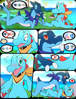 after_transformation blue_body blue_scales blue_skin dominant dominant_female duo egg erection female gender_symbol genitals green_eyes impregnation_request interrobang kerchief kerchief_only male male/female mostly_nude neckerchief neckerchief_only neckwear penis questionable_consent scales semi-anthro smile surprised symbol meraence fertile_lands nintendo pokemon pokemon_mystery_dungeon spike_chunsoft astera amphibian crocodilian frogadier generation_2_pokemon generation_6_pokemon pokemon_(species) reptile scalie totodile 2025 comic hi_res