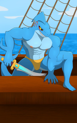 abs anthro barefoot clothing feet male markings melee_weapon muscular muscular_anthro muscular_male nipples pecs piercing sea ship smile smirk solo sword tail underwear vehicle water watercraft weapon yellow_eyes drakorg slade_(dungeons_of_aether) aquatic fish shark absurd_res hi_res