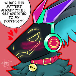 ambiguous_gender anthro bell collar dialogue fur green_body green_fur looking_at_viewer machine male outline red_collar side_view solo speech_bubble text unknown_artist protogen 1:1 character_request english_text hi_res signature