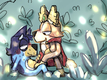 aged_down animal_genitalia animal_penis anthro black_body black_fur blue_body blue_fur blush bodily_fluids boots brown_body brown_fur canine_genitalia canine_penis cape clothing costume duo erection facial_markings female footwear fur genitals gloves handjob handwear head_markings looking_down male markings mask_(marking) mullet penile penis plant sex shoes shrub sitting sitting_on_ground sweat tan_body tan_fur wavy_mouth young young_anthro young_female young_male young_on_young festive0goat bluey_(series) bandit_heeler brandy_cattle australian_cattle_dog canid canine canis cattledog domestic_dog herding_dog mammal pastoral_dog hi_res sketch