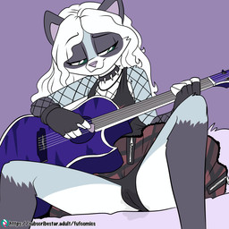 acoustic_guitar anthro biped black_clothing black_fingerless_gloves black_gloves black_handwear black_markings black_panties black_shirt black_tank_top black_topwear black_underwear bodily_fluids bottomwear camel_toe clothed clothing collar dripping facial_markings female fingerless_(marking) fingerless_gloves fingerless_gloves_(marking) fishnet_clothing fishnet_topwear fur genital_fluids genital_outline genitals gloves gloves_(marking) grey_body grey_fur guitar guitar_pick hair half-closed_eyes handwear head_markings holding_guitar holding_musical_instrument holding_object humanoid_genitalia humanoid_vulva leg_markings long_hair markings mask_(marking) mouth_closed musical_instrument narrowed_eyes panties pink_nose playing_guitar playing_music plucked_string_instrument shirt sitting skirt socks_(marking) solo spiked_collar spikes string_instrument tank_top topwear underwear upskirt vaginal_fluid_drip vaginal_fluids vulva vulva_outline white_hair white_markings young young_anthro young_female fuf mammal procyonid raccoon 1:1 hi_res