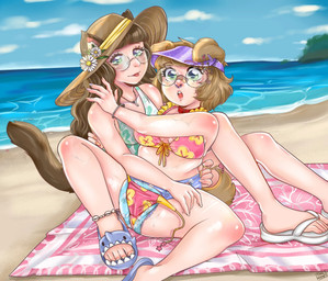 animal_ears animal_tail anklet bandage bandage_on_face bandage_on_nose beach beach_towel bikini bracelet brown_hair clothing collar diaper duo ear_accessory eyelashes eyewear facial_piercing female female/female flip_flops footwear glasses green_eyes hair hat headgear headwear jewelry key key_necklace necklace nose_piercing nose_ring pattern_diaper piercing ring_piercing round_glasses sandals sea shoes size_difference sky sun_hat swimwear tail tongue tongue_out towel two-piece_swimsuit wardrobe_malfunction water coolhooves ana_(cuteana) babi_(coolhooves) animal_humanoid canid canid_humanoid canine canine_humanoid cat_humanoid dog_humanoid felid felid_humanoid feline feline_humanoid humanoid mammal mammal_humanoid 2025 hi_res incest_(lore) stepsibling_(lore) stepsister_(lore) trans_(lore)