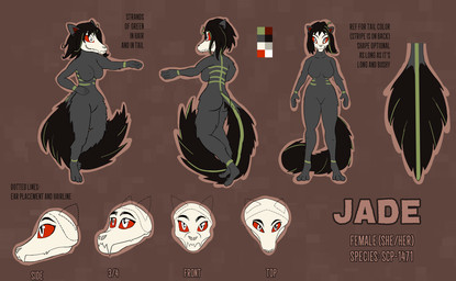 anthro black_hair bone female fur green_markings hair markings multicolored_body multicolored_fur red_sclera skull skull_head solo striped_markings stripes text white_eyes wolf_tail blackwidoe scp_foundation jade_(yuminari) scp-1471-a animal_humanoid canid canid_humanoid canine canine_humanoid humanoid mammal mammal_humanoid english_text hi_res model_sheet