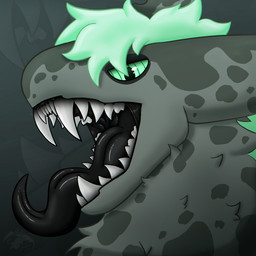 anthro black_flesh fangs green_eyes long_tongue looking_at_viewer male molars mouth_shot open_mouth solo teeth tongue raivesper grunt_(jeddy) splynter absurd_res headshot_portrait hi_res portrait