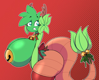accessory bell bell_collar big_breasts big_butt breasts brown_body brown_tail butt clothed clothing collar eyebrows eyelashes female freckles furgonomics green_body green_eyes grin hair holidays huge_breasts jingle_bell leaf legwear multicolored_body not_furry pasties plant pseudo_horn pupils ribbons side_view simple_background smile solo tail tail_accessory thick_thighs two_tone_body unusual_pupils thompson-vonjung christmas waloe_(vonjungle) elemental_creature elemental_humanoid flora_fauna humanoid plant_humanoid 2024 digital_drawing_(artwork) digital_media_(artwork) hi_res