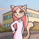 alternate_species anthro clothing ear_piercing eyeshadow female fur furrification grey_eyes hair looking_at_viewer makeup piercing pink_hair smile solo tan_body tan_fur metal_family diana_(metal_family) domestic_cat felid feline felis mammal 1:1