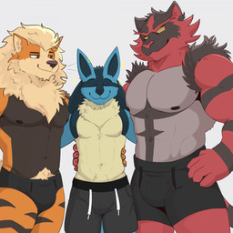 abs anthro anthro_on_anthro areola arm_around_partner athletic_wear barazoku bedroom_eyes biped black_body black_fur blue_body blue_fur bottomwear briefs briefs_only brown_eyes clothed clothing eyes_closed fingers front_view fur grey_body grey_fur group gym_bottomwear gym_shorts half-closed_eyes hand_on_back happy humanoid_hands interspecies larger_male looking_at_another looking_down male male/male markings muscular muscular_anthro muscular_male narrowed_eyes navel neck_tuft nipples orange_body orange_fur pecs pubes red_body red_fur seductive shorts shorts_only simple_background size_difference skimpy smile smirk smug standing striped_markings stripes tan_body tan_fur topless topless_anthro topless_male trio tuft underwear underwear_only white_background yellow_sclera bezzeroo nintendo pokemon arcanine generation_1_pokemon generation_4_pokemon generation_7_pokemon incineroar lucario pokemon_(species) 1:1 2025 colored hi_res