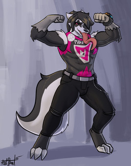 abs accessory anthro athletic athletic_anthro athletic_male athletic_wear belt bottomwear bulge chain claws clothing confident denim denim_bottomwear denim_clothing digitigrade fist flexing flexing_bicep fluffy fluffy_tail gloves_(marking) grin hair hair_over_eye jeans long_tongue male markings muscular muscular_anthro muscular_arms muscular_male pants pose shirt simple_background smile solo tail tank_top tight_clothing tongue tongue_out topwear wristband bear213 nintendo pokemon galarian_form galarian_linoone generation_8_pokemon pokemon_(species) regional_form_(pokemon) hi_res