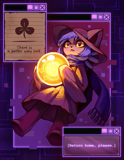 ambiguous_gender anthro clothed clothing hair hat headgear headwear light_bulb scarf solo text lucaniamc oneshot niko_(oneshot) felid feline mammal 2026 english_text