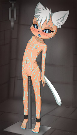 4_toes 5_fingers anthro bdsm blue_eyes blush bodily_fluids brown_body brown_skin chain dark dripping_wet dungeon fangs feet female fingers flat_chested forced forced_orgasm fur genital_fluids genitals hair loli nipples nude one-bar_prison orgasm penetration prison prison_cell prisoner pupils sex slit_pupils solo standing standing_sex tattoo teeth toes vaginal vaginal_fluids vaginal_penetration vulva whiskers white_body white_fur white_hair young young_anthro young_female zionworldartist domestic_cat felid feline felis mammal 4:7 absurd_res hi_res bigender_(lore) trans_(lore)
