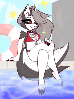 anthro bikini breasts butt claws clothed clothing collar ear_piercing feet female finger_claws fur grey_body grey_fur grey_hair hair inflatable inner_tube looking_at_viewer navel outside pentagram_bikini piercing pool_float pool_toy poolside red_bikini red_clothing red_sclera red_swimwear smile solo speaker spiked_collar spikes swimming_pool swimwear tail thick_thighs toe_claws toes two-piece_swimsuit water white_body white_eyes white_fur spearmph hellaverse helluva_boss mythology loona_(helluva_boss) canid canid_demon canine canis demon felid feline hellhound hybrid mammal mythological_canine mythological_creature 3:4 digital_media_(artwork) hi_res