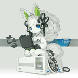 anthro asian_clothing cable claws clothing computer east_asian_clothing electronics female female_anthro finger_claws fur japanese_clothing kemono laptop machine magnetic_tape miko_outfit shrine_maiden solo tape_reel text white_body white_fur tyson_tan spirit_animals_in_disguise sachi_the_spirit_fox canid canine fox mammal 1:1 absurd_res english_text hi_res