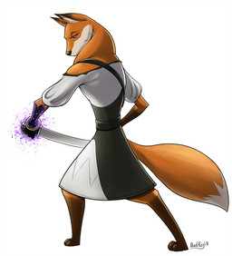 anthro biped black_nose bracelet clothed clothing corruption countershade_face countershading digitigrade dipstick_ears dipstick_tail ear_markings female gloves_(marking) glowing holding_melee_weapon holding_object holding_sword holding_weapon jewelry leg_markings looking_at_viewer markings melee_weapon multicolored_ears multicolored_tail purple_eyes socks_(marking) solo sword tail tail_markings text weapon badroy armello league_of_geeks scarlet_(armello) canid canine fox mammal 2018 artist_name dated hi_res