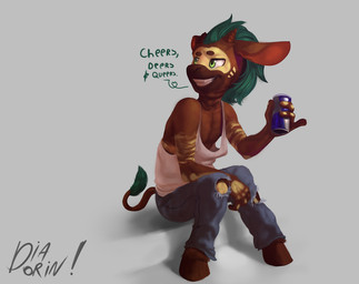 anthro biped can clothed clothing container hair horn male ossicone shirt sitting smile solo tank_top topwear diadorin red_bull asinus donkey equid equine giraffid hybrid mammal okapi