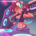 big_breasts bouncing_breasts breasts cleavage clothed clothing dark_body dark_skin disc_jockey electronics female fingerless_gloves gloves hair handwear headphones heart_eyes heart_symbol long_hair markings mole_(marking) navel pseudo_hair smile solo speaker suction_cup tentacle_hair tentacles text turntable_(decks) twistedgrim nintendo splatoon marina_(splatoon) animal_humanoid cephalopod cephalopod_humanoid humanoid marine marine_humanoid mollusk mollusk_humanoid octarian octoling 1:1 2017 2d_animation animated english_text frame_by_frame short_playtime