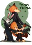 anthro bow_(feature) bow_tie bullet_hole carrot desert_eagle dual_wielding female flashlight food group gun handgun holding_object holding_weapon male mp5 necktie norellen pistol plant ranged_weapon reflex_sight revolver sight submachine_gun vegetable weapon unknown_artist disney zootopia finnick_(zootopia) judy_hopps nick_wilde canid canine fennec_fox fox lagomorph leporid mammal rabbit red_fox true_fox 2016 absurd_res hi_res