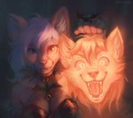 anthro blep clothing costume duo female holidays magic male male/female open_mouth tongue tongue_out dzmaylon halloween dante_kinkade luna_(dantekinkade) canid canine canis domestic_cat felid feline felis mammal wolf hi_res