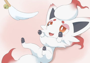ambiguous_gender bell black_nose blush cute_fangs dipstick_ears dipstick_tail ear_markings fangs feral fur lying markings multicolored_ears on_back open_mouth open_smile pawpads paws red_body red_ear_tips red_fur red_tail_tip smile solo tail tail_markings teeth toy white_body white_ears white_fur white_tail kemonobito nintendo pokemon generation_8_pokemon hisuian_form hisuian_zorua pokemon_(species) regional_form_(pokemon)