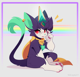 adjusting_glasses anthro ear_piercing ear_ring eyewear fur glasses heart_pendant piercing purple_body purple_fur red_eyes ring_piercing scarf smile smiling_at_viewer solo warden006 league_of_legends riot_games tencent battle_principal_yuumi principal_yuumo_(warden006) yuumi_(lol) domestic_cat felid feline felis mammal