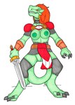 4_fingers anthro areola armor barefoot belt big_breasts black_claws breasts claws clothed clothing digitigrade dragon erect_nipples eyelashes feet female finger_claws fingers front_view genitals gloves green_areola green_body green_nipples green_scales hair handwear heel_claw holding_melee_weapon holding_object holding_weapon horn huge_breasts ivanks long_hair long_neck long_tail looking_down looking_down_at_self melee_weapon mid_transformation mythological_creature mythological_scalie mythology nipples non-mammal_breasts non-mammal_nipples orange_eyes orange_hair plate_armor pupils pussy red_hair reptile scale_armor scales scalie sharp_teeth simple_background slit_pupils snout solo species_transformation spread_legs spreading standing sword tabard tail teeth toe_claws topless torn_clothing transformation weapon white_background yellow_sclera